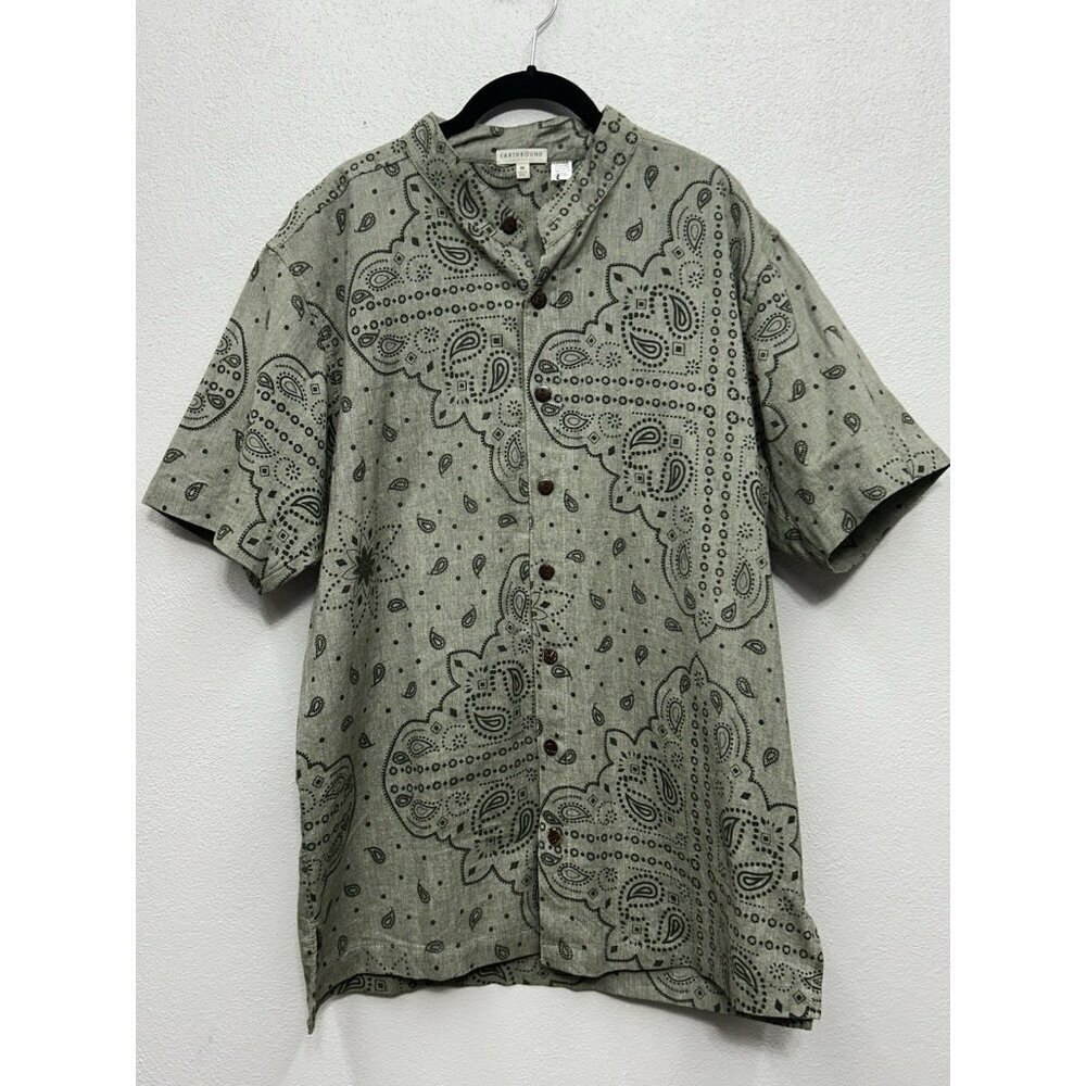 Earthbound Trading Button Up Shirt Mens M Medium Bandana Print Army Green Boho